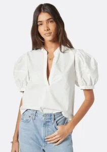 Joie Womens 100% Cotton V Neck Short Puff Sleeve Blouse White Size L Poplin - Picture 1 of 7
