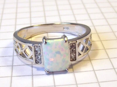 RING 925 STERLING SILBER Gr. 18 Edelstein  FEUER OPAL lab.  WEIß Rechteck - Bild 1 von 4
