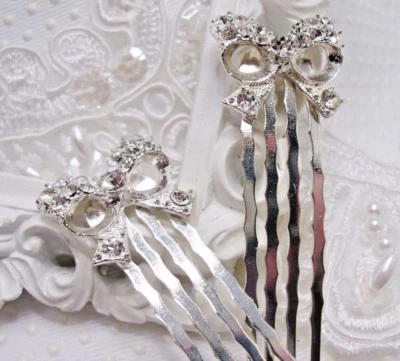  Sparkling Clear Rhinestone Bow Side hair comb pair, Hair clip pin Wedding - Image 1 of 3