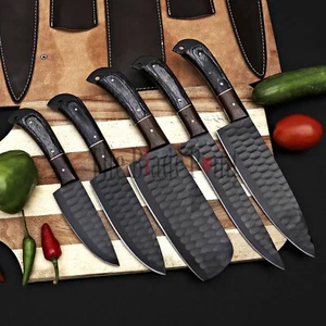 Set of 5 Custom Hand-Forged Black Stainless Steel Chef Knives W/Leather Kit - Picture 1 of 10