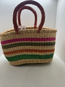 Bolga International  Large Oval Basket w/ Two Leather Wrapped Handles Hand made - Picture 1 of 7