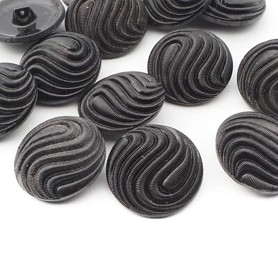 Lot (12) Czech vintage lacy ribbed swirl black glass buttons 31mm - Image 1 of 2