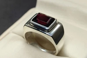 Natural Emerald Cut Dark Red Garnet Sterling Silver 925 Handmade Mens Plain Ring - Picture 1 of 12