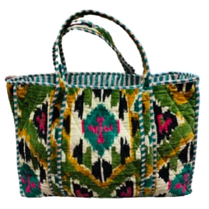 Indian Tote Bag Beautiful Velvet IKat Printed Green Tote Bag For Women 18X18 in - Picture 1 of 4