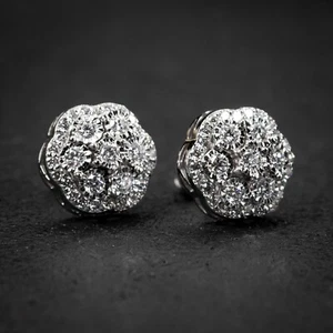 Large VVS Lab Grown Diamond 14K White Gold Flower Cluster 0.80Ct Stud Earrings - Picture 1 of 5