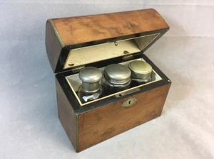 Antique 19th Century Burl Wood Dome Top Dresser Box w/ Bottles - Picture 1 of 12