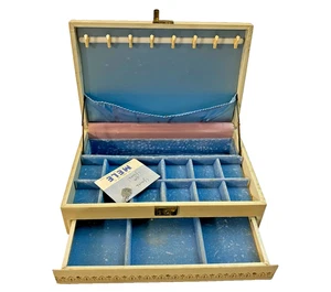 Portagioie vintage Mele 2 livelli con chiave automatica cassetti aperti velluto blu - Foto 1 di 11