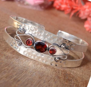 Faceted Garnet Gemstone Cuff 925 Sterling Silver Bracelet For 1st Meeting Gift - Picture 1 of 9