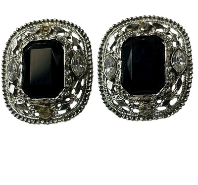 PENDIENTES DE ÁGATA NEGRA DE COLECCIÓN CRISTAL ESTRÁS FILIGRANA FACETADA TONO PLATA CLIP ON Foto 1 de 4