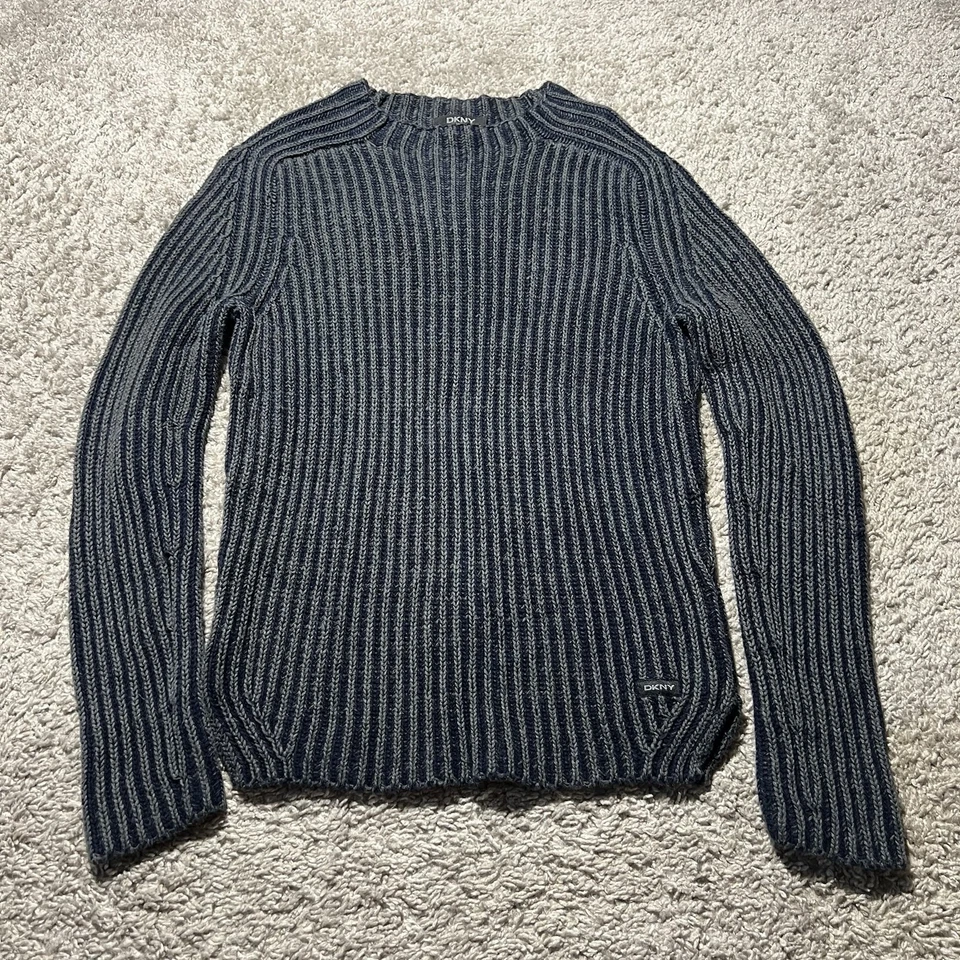 Dkny Y2K Sweater Women’s S Blue Chunky Ribbed Fisherman Knit Vtg Mock Neck 90s - Image 1 of 4