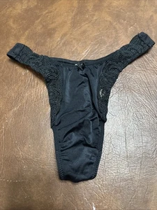Rare NWT 1999 Victorias Secret Lace Trim Black Soft Nylon Thong Panties S - Picture 1 of 4