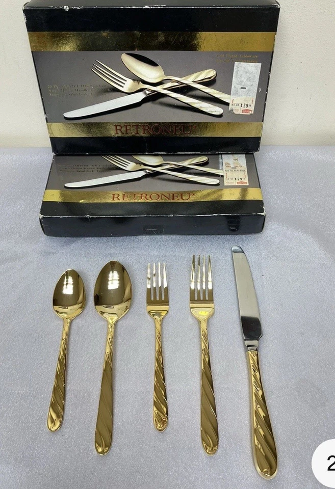 MINT RETRONEU VINTAGE 24K Gold Electroplate Flatware Set 18/8 Stainless 40 Pcs - Image 1 of 4