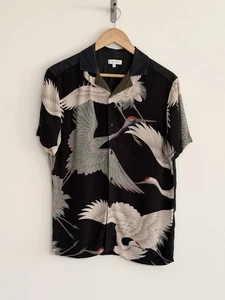 Reiss “Gigi” floral Short Sleeve shirt Hawaiian Bird/crane Black Linen Medium - Picture 1 of 12