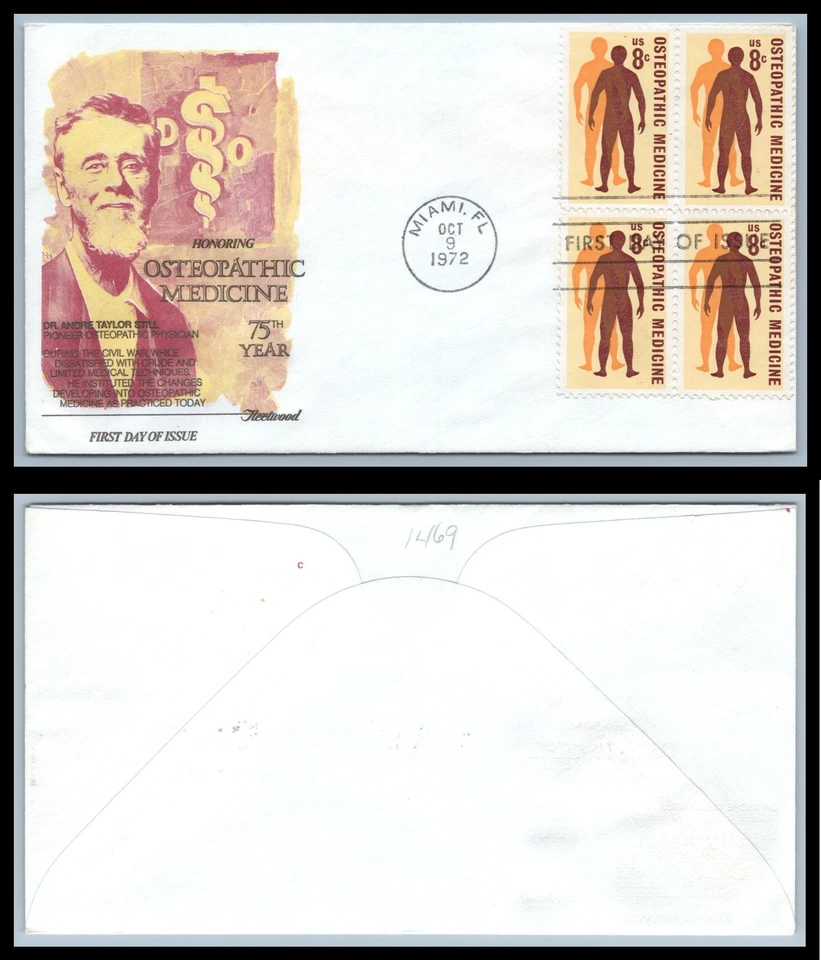 US FDC # 1469 8c Osteopathic Medicine  Fleetwood block S.Cancel 1972, 9p9729 - Image 1 of 1
