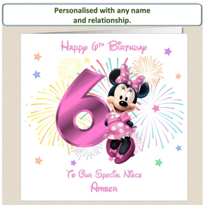Personalised 6th Birthday Card Minnie Mouse Daughter Granddaughter Niece Sister - Image 1 of 4
