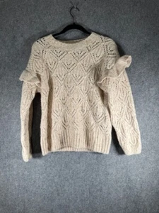 Old Navy Sweater Women Medium Beige Open Cable Ruffle Trim Knit Coastal Pullover - Picture 1 of 6
