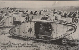 WWI Flock English Tanks American Troops France Chicago Daily News postcard JQ9 - Picture 1 of 2