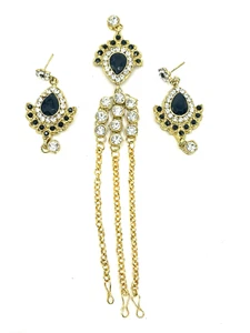 Gold Plated Kundan Tikka Tika Earrings Kundan Bridal Wedding Jewelry Set - Picture 1 of 15