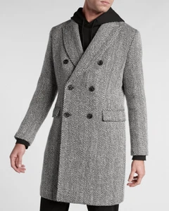 NEW EXPRESS $328 BLACK WHITE WOOL BLEND HERRINGBONE TOPCOAT COAT SZ XS - Picture 1 of 8