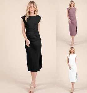 Women Boat Neck Cotton Bodycon Cap Sleeve Open Back Midi Dress - Picture 1 of 26