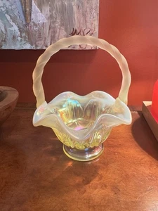 Fenton Topaz Yellow Glow Twisted Handle Glass Iridized Opalescent Basket - Glows - Picture 1 of 5