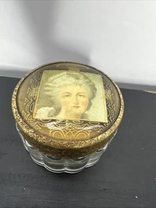 Vintage Glas Waschtisch Puderdose Viktorianisch Metallplatte Frau Kamee - Bild 1 von 6