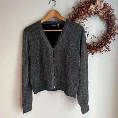 Elie Tahari 女式金属色 Glam Sparkly V 领开衫 XTRA-LARGE 黑色 — 第 1/4 张图片