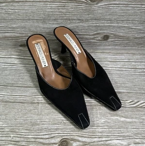 Donald J Pliner 90s Y2K Black Pointed Toe Kitten Heel Mules Size 9.5 Spain - Picture 1 of 9