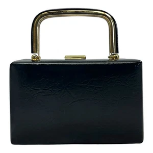 Vintage 50s 60s Leather Box Bag Mini Structured Satchel Clutch Handbag Hard Body - Picture 1 of 19