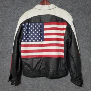 Vintage USA American Flag Leather Jacket Mens S Black Bomber Euro Top Mond 90s - Picture 1 of 15