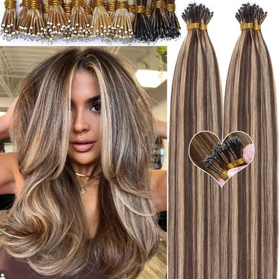 Thick Nano Ring Real Remy Human Hair Extensions Balayage Full Head 200 Strands - Image 1 of 4