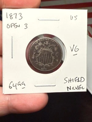 Escudo de níquel 1873 Estados Unidos abierto '3' Foto 1 de 2
