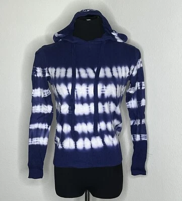 Suéter Pullover Aqua Mujer Pequeño Azul Marino Tie Dye Rayas Manga Larga Con Capucha Foto 1 de 4