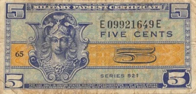 USA / MPC  5  Cents  1952  Series  521  Plate # 65  Circulated Banknote MM - Image 1 of 2