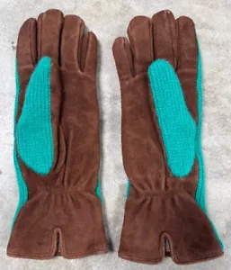 Portolano Gloves Women's Size 8 Cashmere Knit Suede Leather Green Brown Vintage - Picture 1 of 10