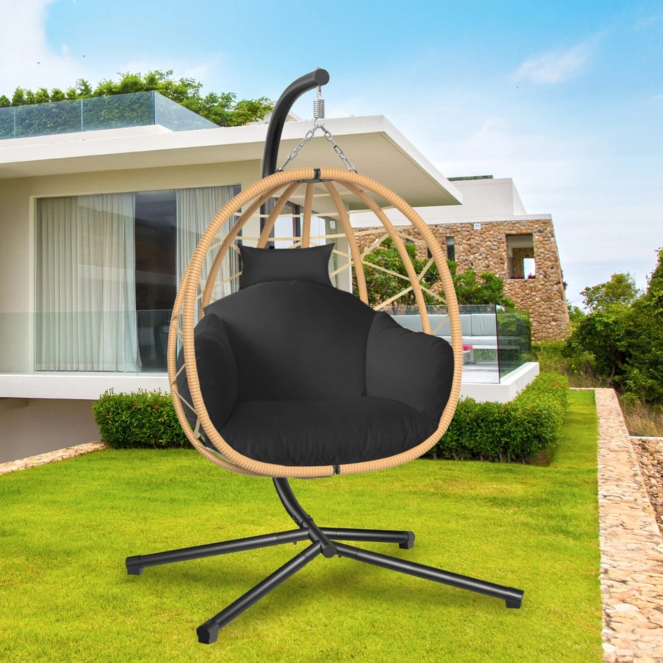 Hanging Egg Chair Outdoor Patio Wicker Chair with Stand UV Resistant Cushions - Image 1 of 4