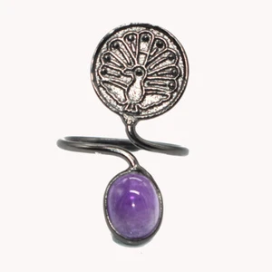 Amethyst Cabs Gemstone Black Rhodium Jewelry Peacock Coin Ring Adjustable W710 - Picture 1 of 4
