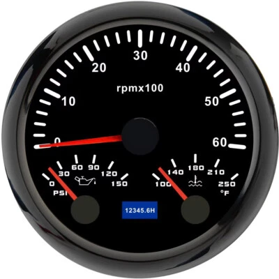 85MM 3 IN 1 Gauge Tachometer 0-6000RPM Oil Pressure PSI Water Temp ℉ Car Boat - Image 1 of 4