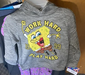 BOYS SPONGEBOB GRAY HOODIE SIZE 5 WORK HARD PLAY HARD NEW WITH TAGS - Picture 1 of 6