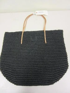 Merona Target Leather Straw Beach Tote Bag Purse Black  Natural Paper/leather - Picture 1 of 4