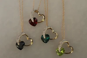10K Gold Garnet/Peridot/Sapphire/Emerald & Diamond Heart Love Pendant Necklace - Picture 1 of 1