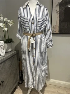 Zara Blue Striped Long Shirt Dress UK XL Linen Mix (see Measurements) - Picture 1 of 8