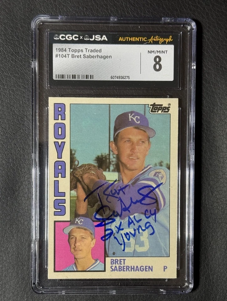 Bret Saberhagen Auto 1984 Topps Traded RC 104T "2x AL CY"  CGC 8 JSA Autograph - Image 1 of 1