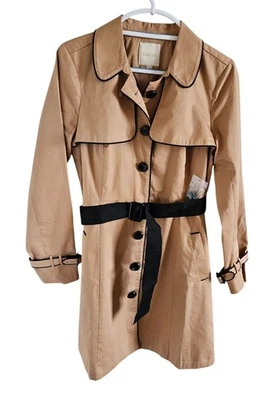 ModCloth Woman SZ L  NWOT Tan/Black Trim Belted Button Up Light Weight Lined - Image 1 of 4