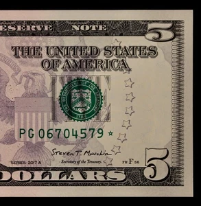 Billete de la Reserva Federal 2017A GEM CU Star PG06704579* 640K Run 3 Atlanta, cinco USD - Imagen 1 de 3