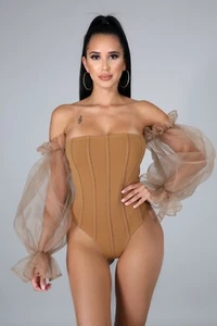 Women Camel Sheer Puffy long Sleeves BODYSUIT w/ Bottom Closure. Size Large. - Picture 1 of 2