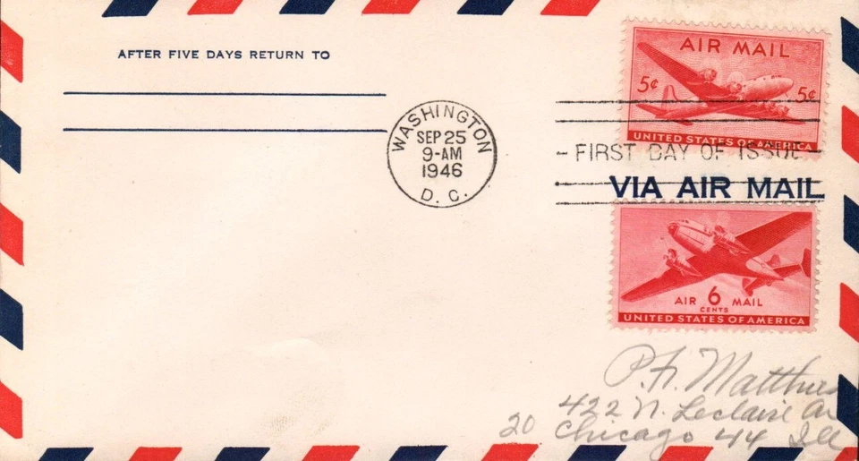 SCOTT#: C32 DC-4 SKYMASTER 5¢ SEP 25 1946 WASHINGTON DC FIRST DAY COVER FDC BX7 - Image 1 of 1