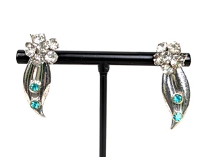 Orecchini Pietra Argento Fiore Strass Chiari E Blu Fondello Vite Vintage - Foto 1 di 10