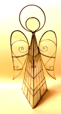 Estatueta de anjo fio de metal tom dourado suporte de vela luz de chá, vidro fosco 11" - Imagem 1 de 4