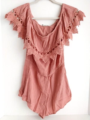Papaya Off Shoulder Romper Ruffle and Lace Details Rose Size Large #13729 - Image 1 of 4